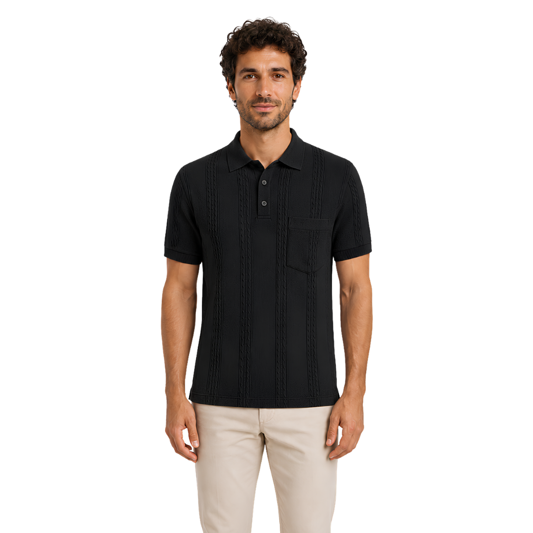 Male model wearing Obsidian Black Vertigo Vertical Designer Polo, front view