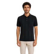 Male model wearing Obsidian Black Vertigo Vertical Designer Polo, front view