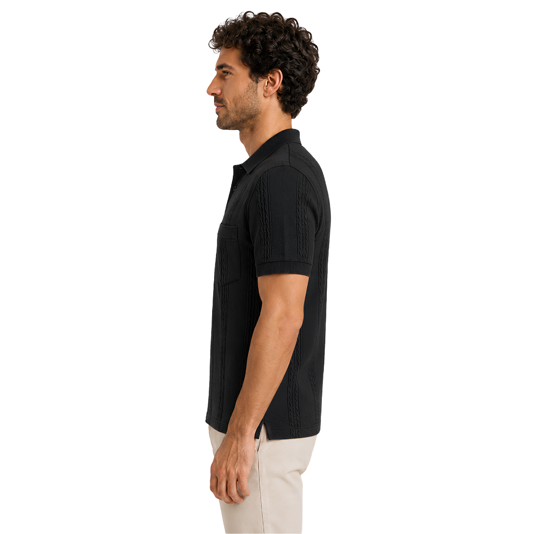 Male model wearing Obsidian Black Vertigo Vertical Designer Polo, side view