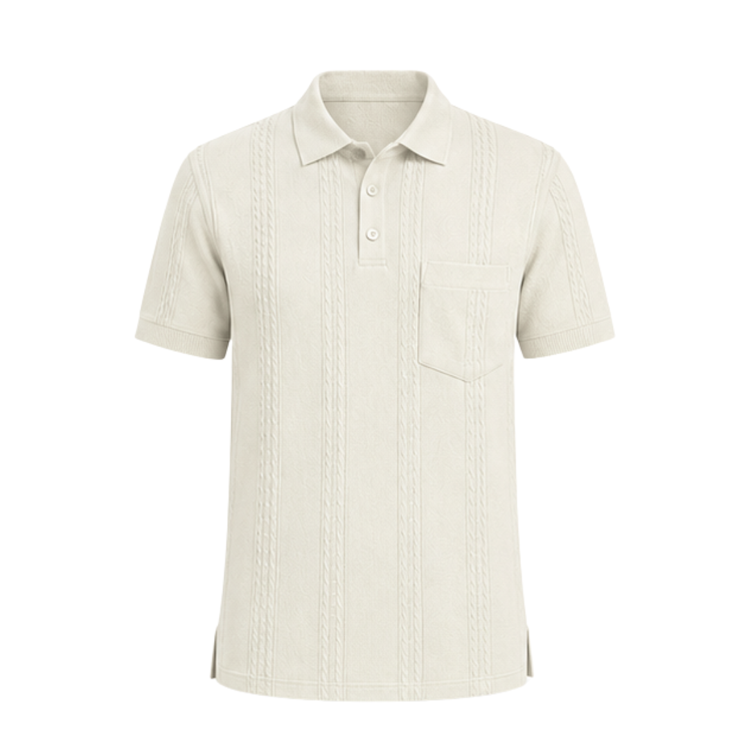 Vanilla Frost Vertigo Vertical Designer Polo in self jacquard knit, product close-up