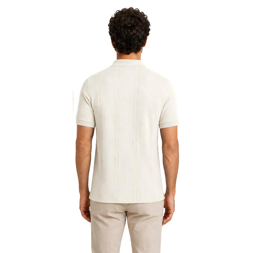 Male model wearing Vanilla Frost Vertigo Vertical Designer Polo, back view