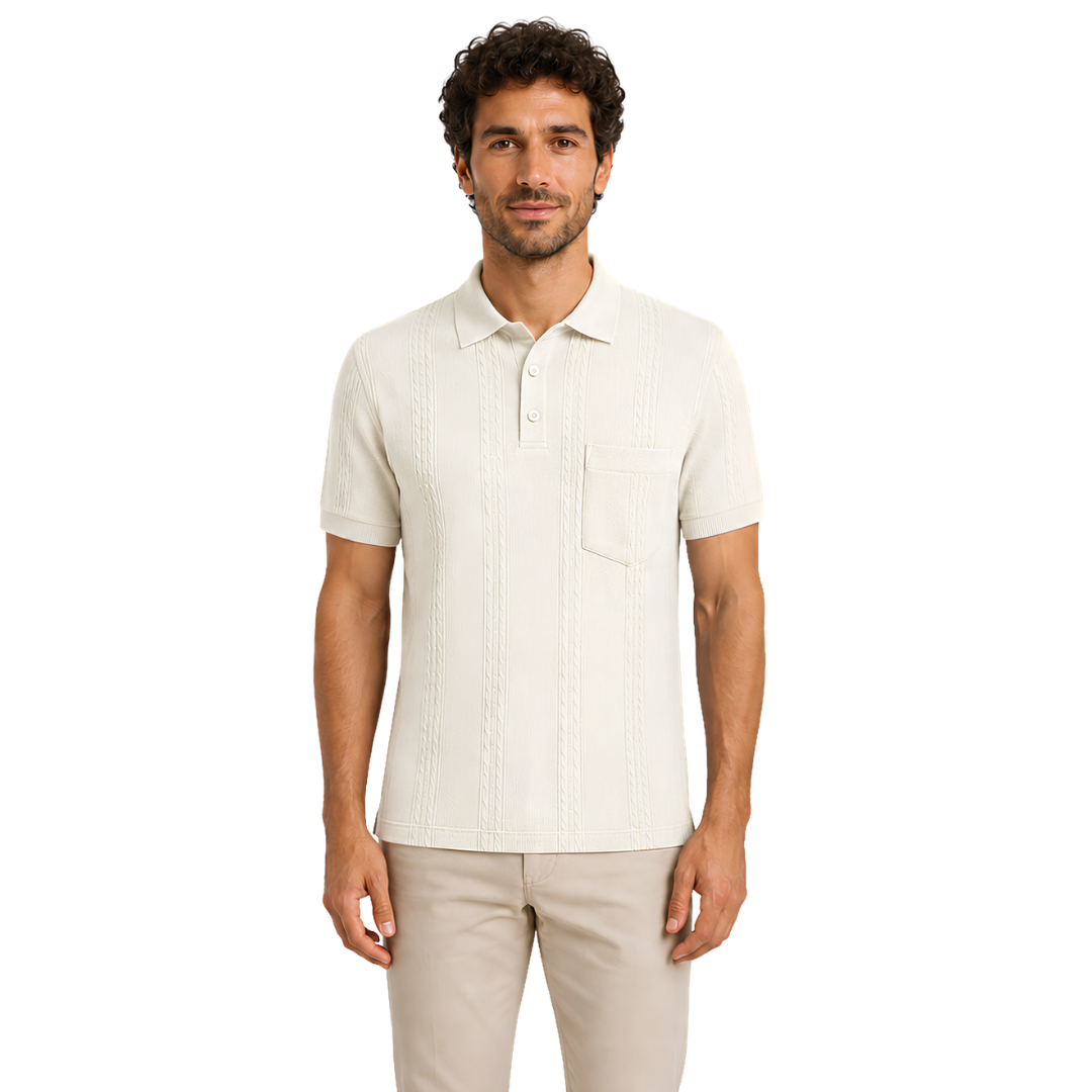Male model wearing Vanilla Frost Vertigo Vertical Designer Polo, front view