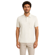 Male model wearing Vanilla Frost Vertigo Vertical Designer Polo, front view