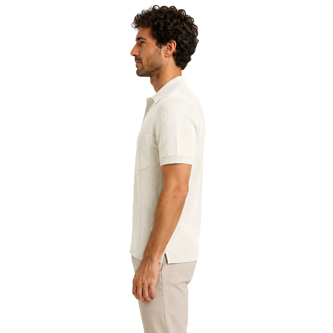 Male model wearing Vanilla Frost Vertigo Vertical Designer Polo, side view