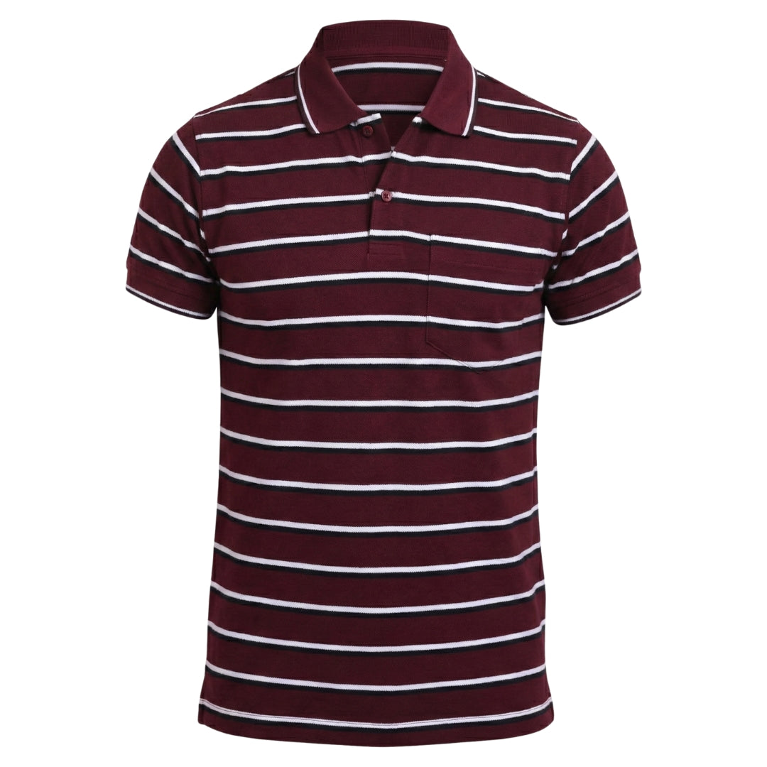 Maroon and white striped polo shirt on a white background