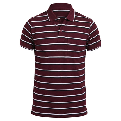 Maroon and white striped polo shirt on a white background