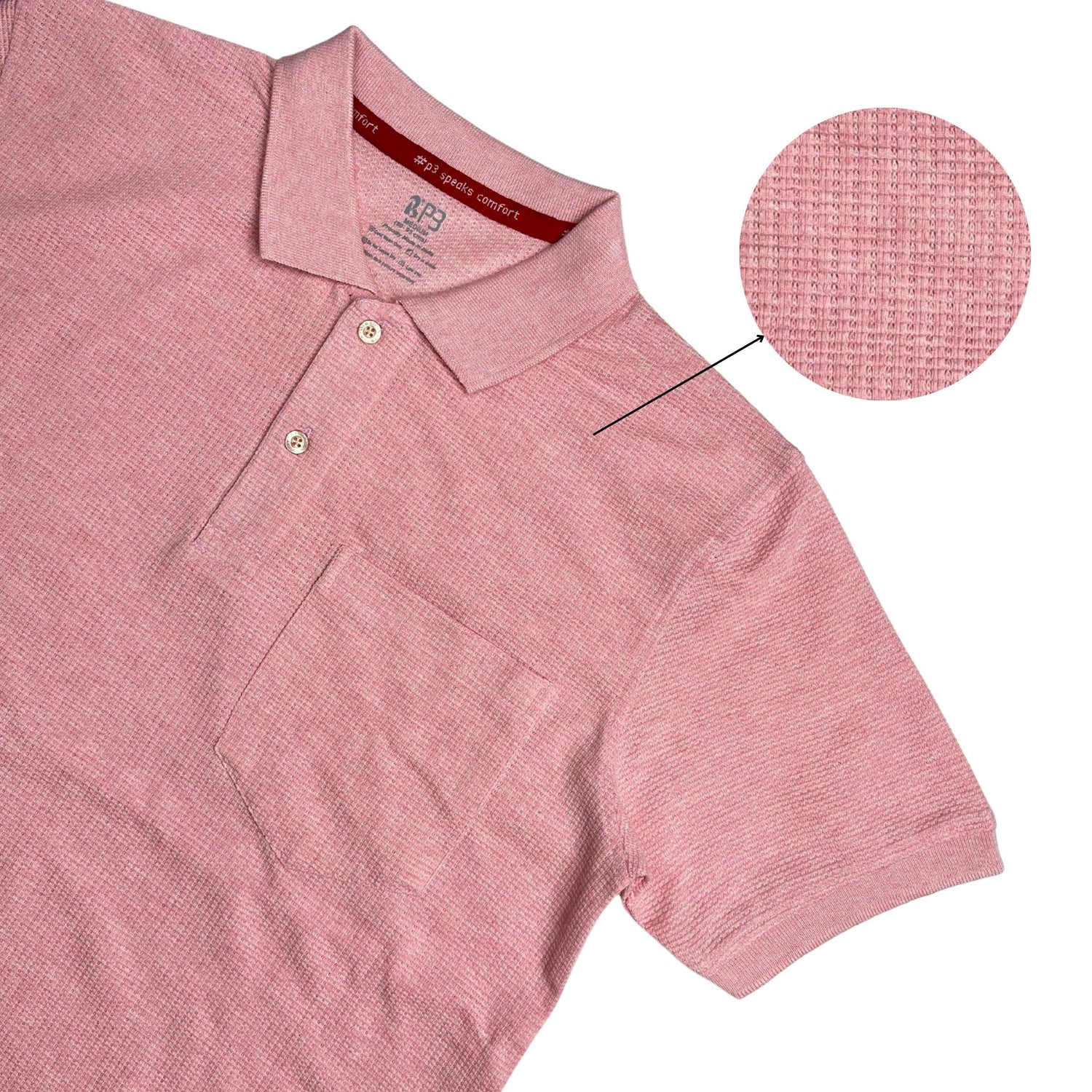 Waffle textured polo shirt for men with breathable cotton fabric in dusky coral colour.