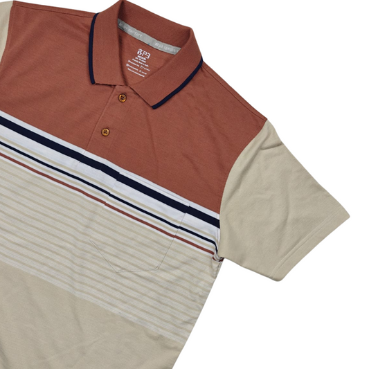 Collared shirt with color-blocked design on a white background