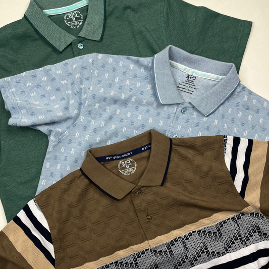 Three polo shirts in green, blue, and brown on a white background