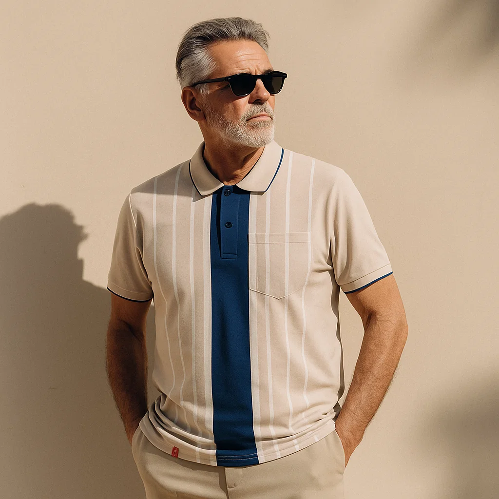 Man wearing a striped polo shirt with a blue vertical stripe against a beige background