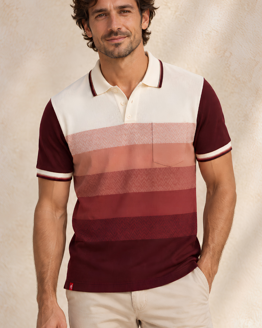 The Ombre Stripes Designer Polo in Poppins Red, front view with jacquard-textured ombre stripes