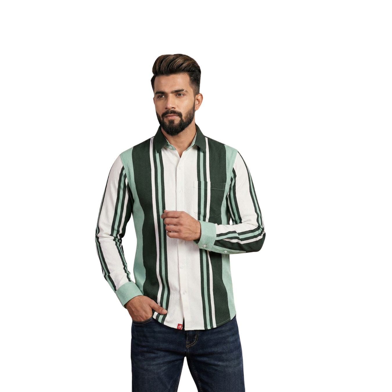 Man wearing a green and white striped shirt on a white background