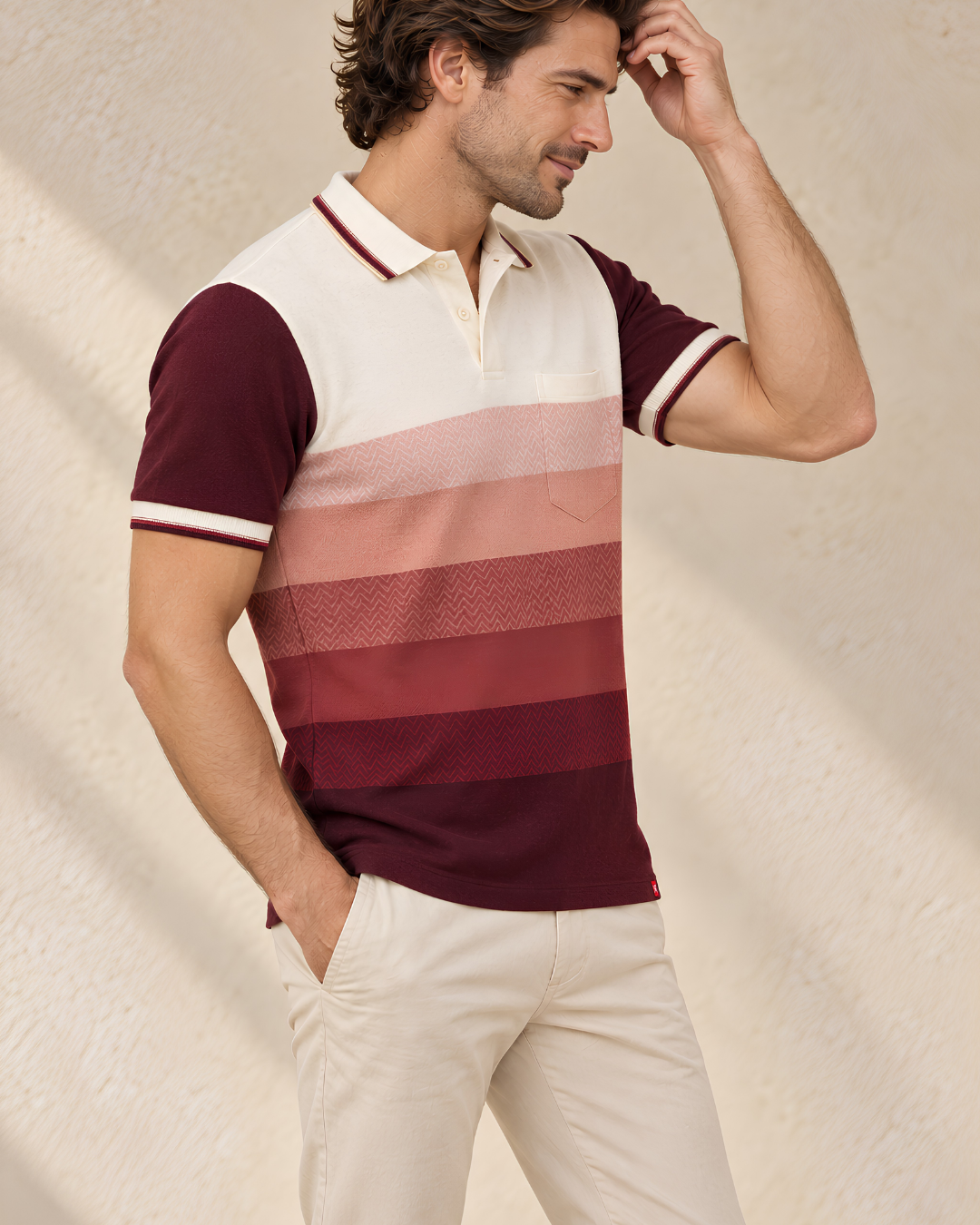 The Ombre Stripes Designer Polo in Poppins Red, three-quarter view