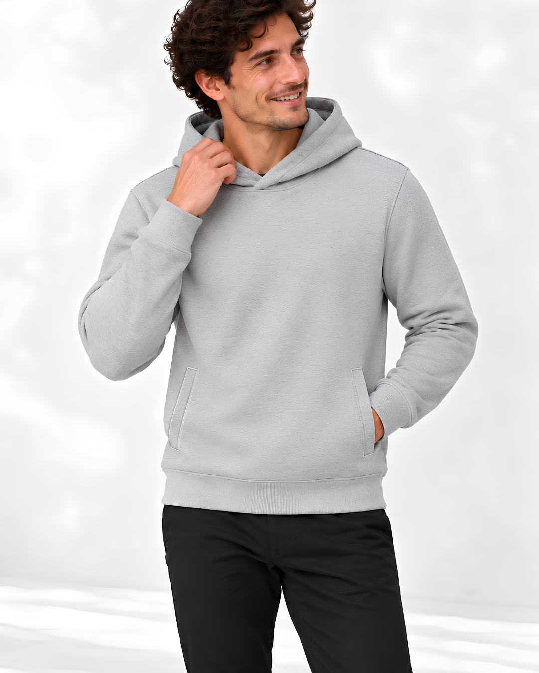 Man wearing the P3 100% cotton French terry hoodie in Heather Grey – front view