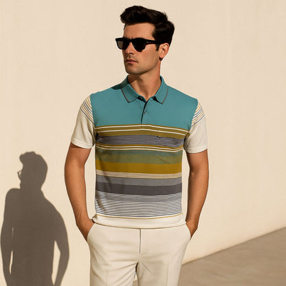 Man wearing a striped polo shirt and sunglasses against a beige background
