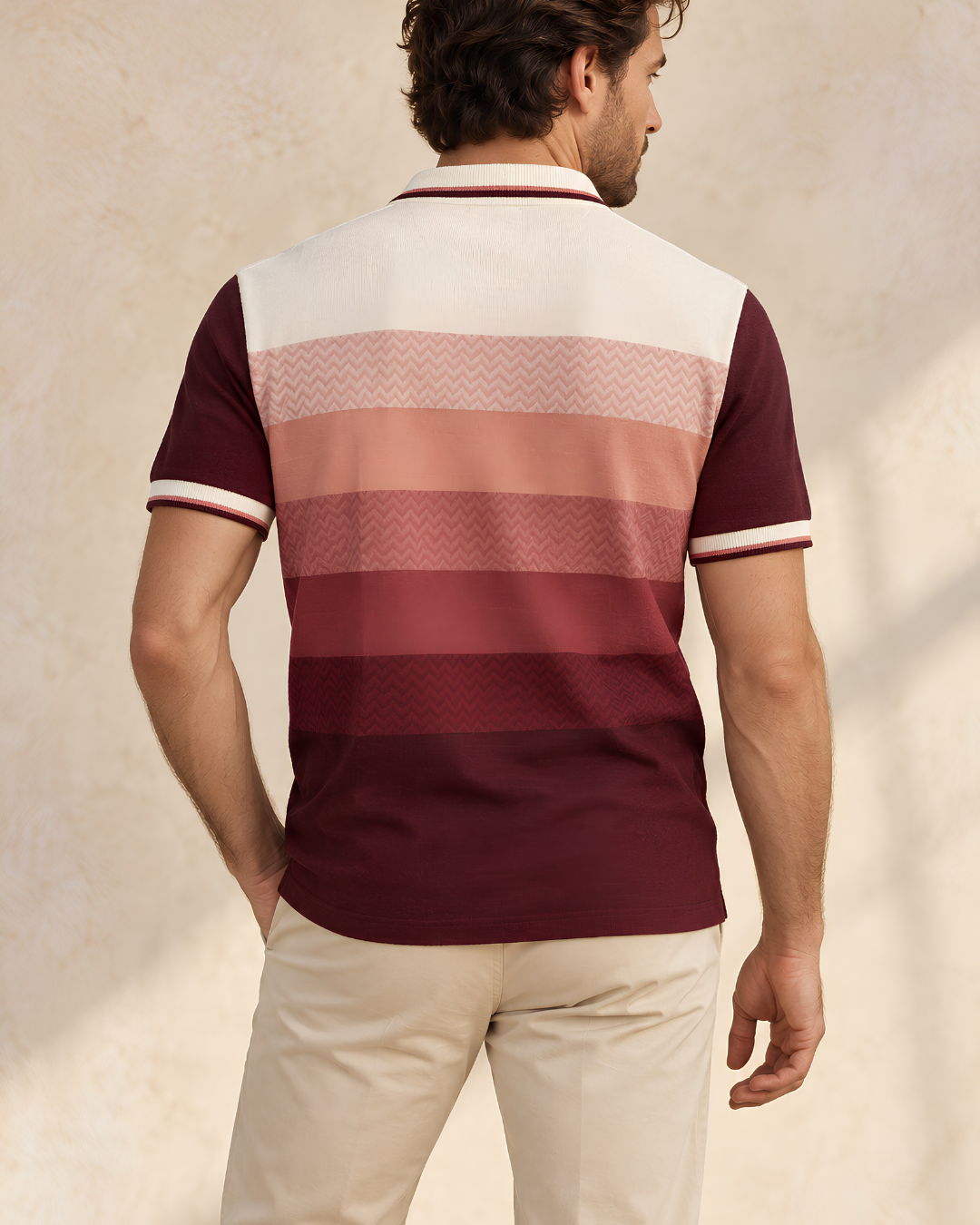 The Ombre Stripes Designer Polo in Poppins Red, back view