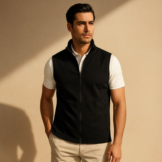 Man wearing a black jacket over a white shirt on a beige background