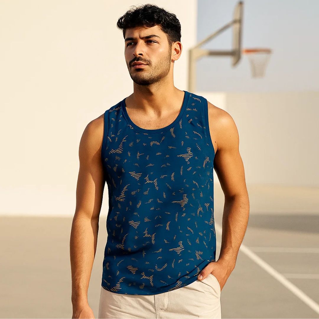 Man wearing a blue tank top with a pattern on a basketball court
