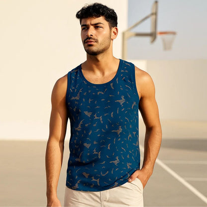 Man wearing a blue tank top with a pattern on a basketball court
