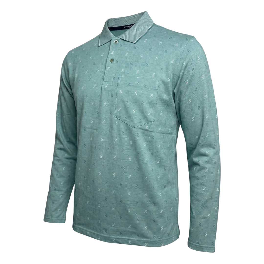 Green long-sleeve polo shirt with subtle pattern on a white background