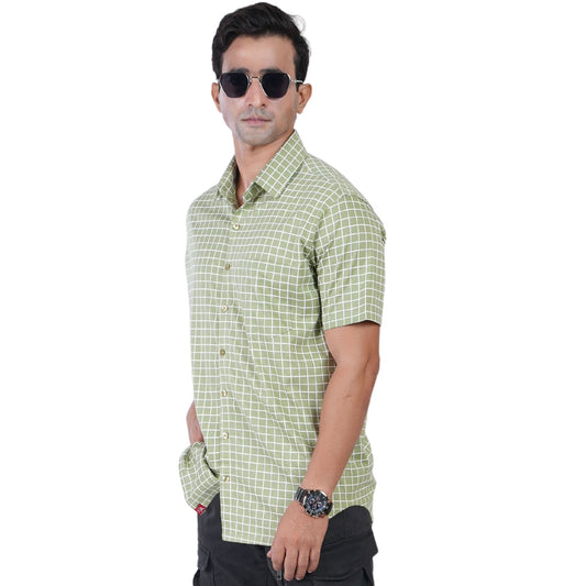 Men’s regular fit mercerised knit shirt in Banana Leaf Green Colour ,breathable fabric for all-day wear,Formal casual shirt with half sleeves and shirt collar