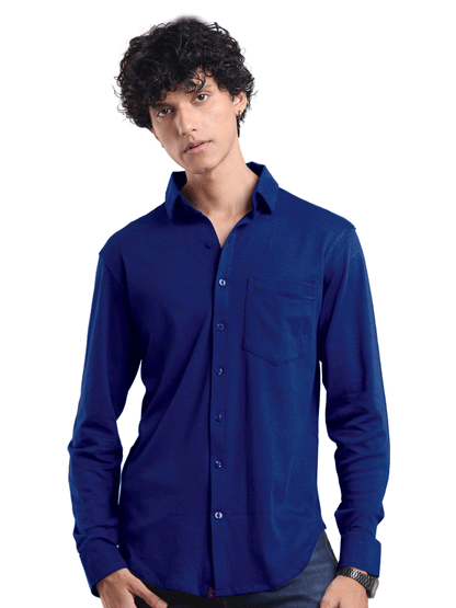 The Wood Pulp Front Open Knit Shirt in Marina Navy Blue Colour – cotton Tencel breathable fabric,Men’s summer knit shirt,eco-friendly cotton blend,relaxed fit for warm weather