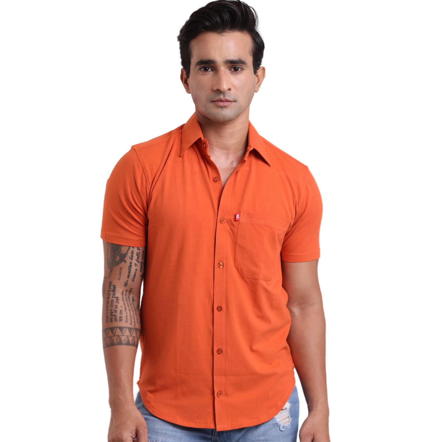 Front view of The Cordoba Knit Shirt in Mission Orange color – breathable cotton spandex,Cordoba smart fit shirt, short sleeves, summer-friendly design,of lightweight stretch knit shirt for men