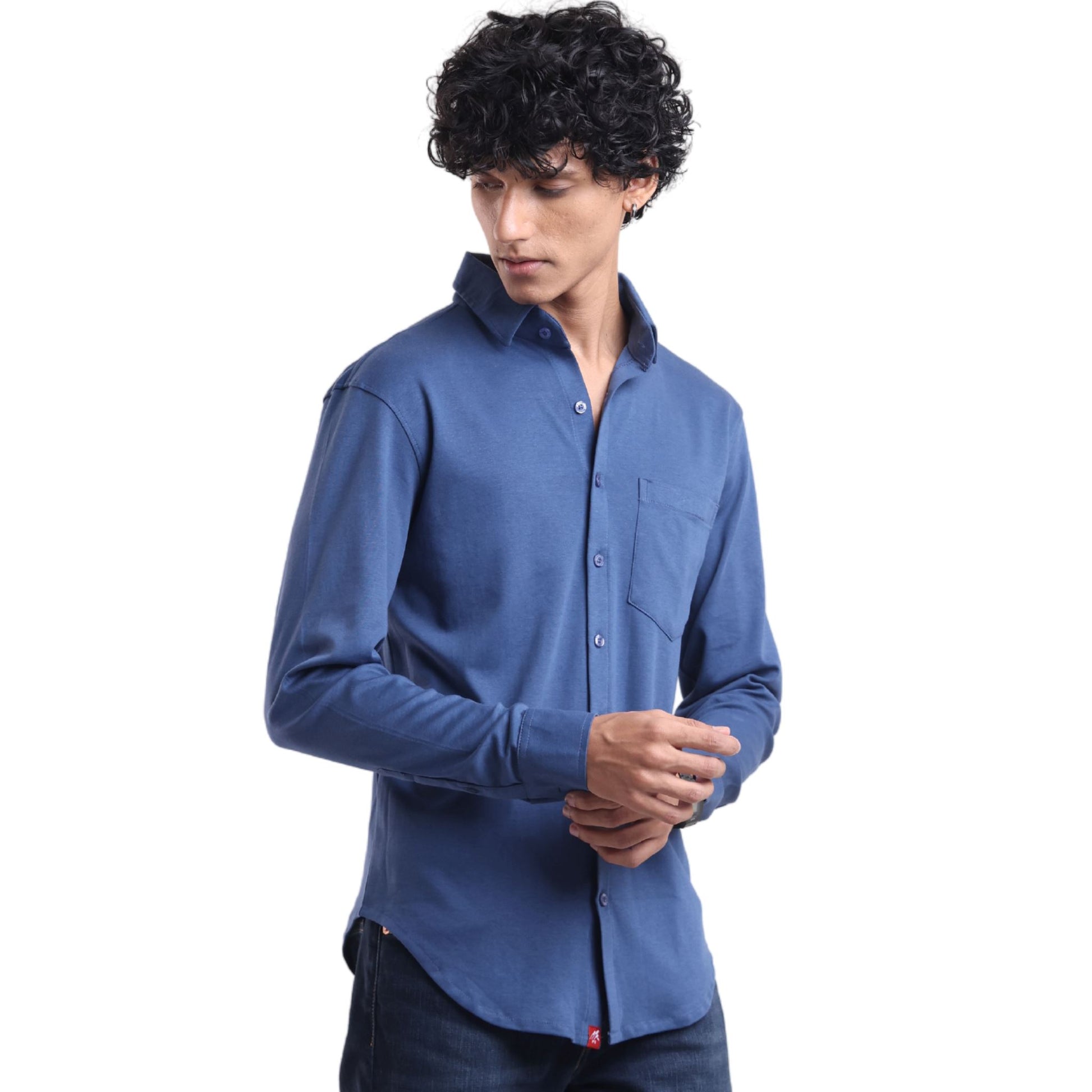 The Wood Pulp Front Open Knit Shirt in Nautical Occean blue Colour – cotton Tencel breathable fabric,Men’s summer knit shirt,eco-friendly cotton blend,relaxed fit for warm weather