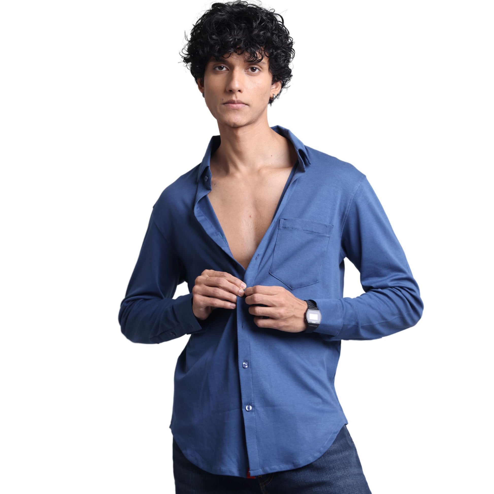 The Wood Pulp Front Open Knit Shirt in Nautical Occean blue Colour – cotton Tencel breathable fabric,Men’s summer knit shirt,eco-friendly cotton blend,relaxed fit for warm weather
