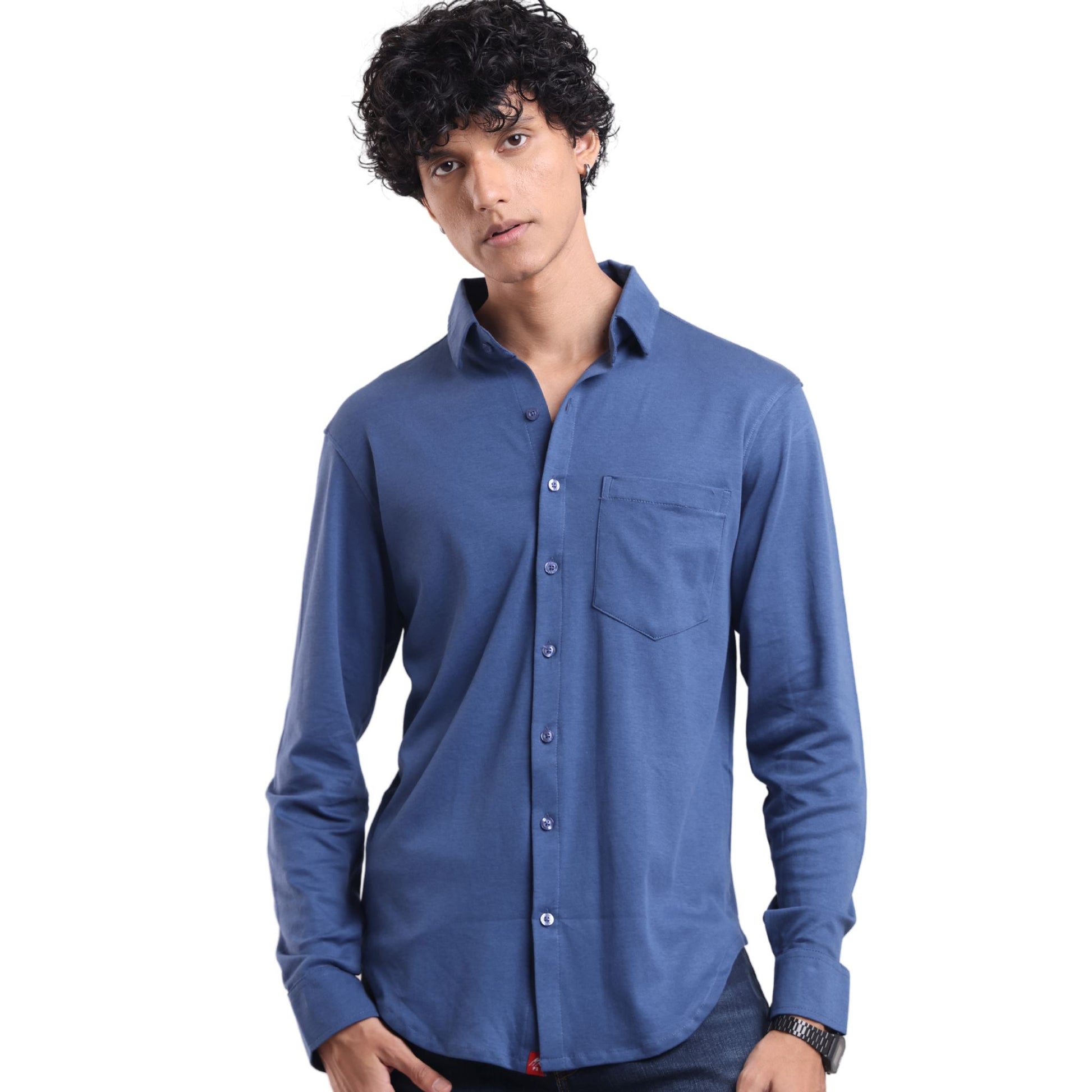 The Wood Pulp Front Open Knit Shirt in Nautical Occean blue Colour – cotton Tencel breathable fabric,Men’s summer knit shirt,eco-friendly cotton blend,relaxed fit for warm weather
