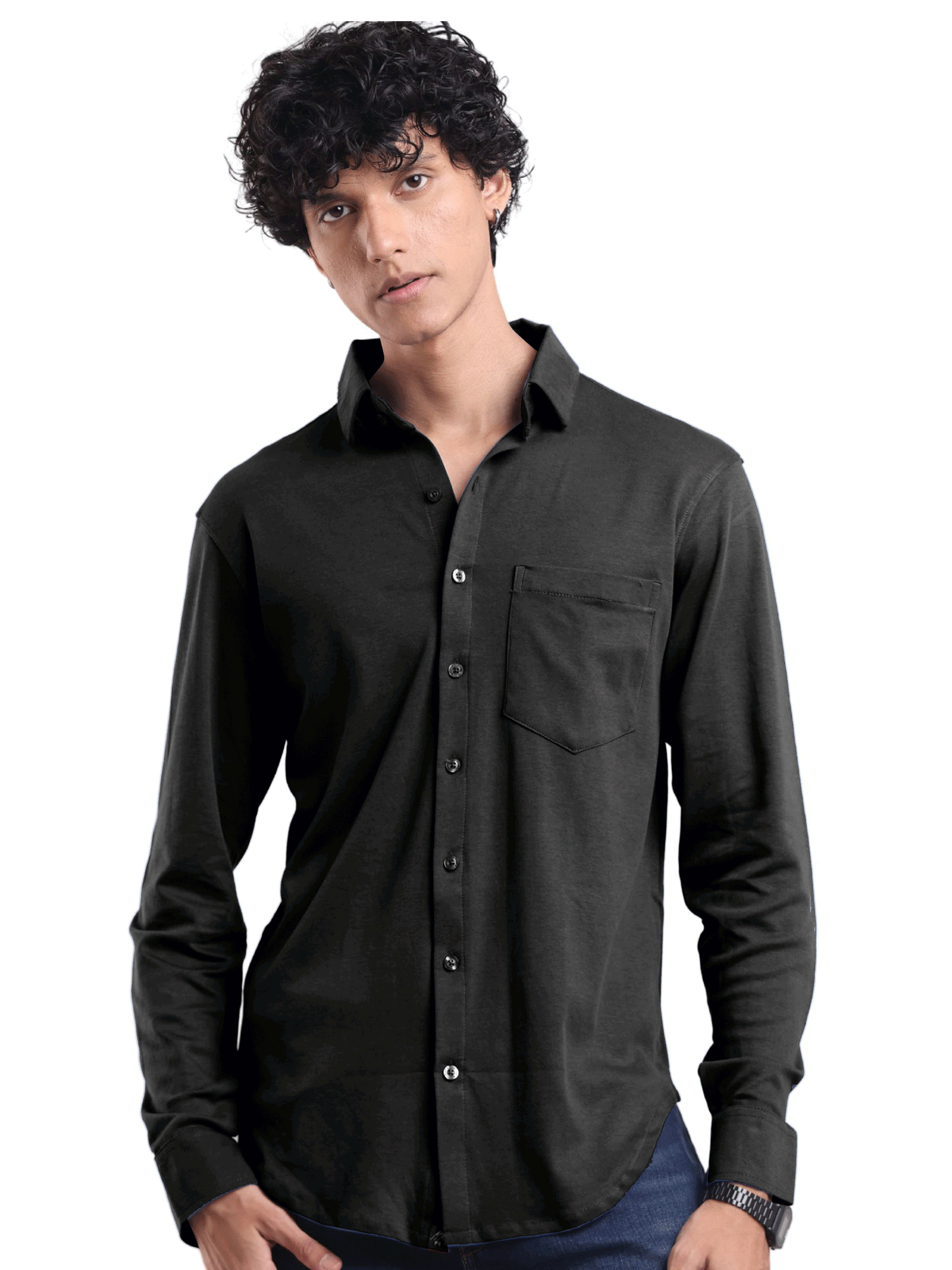 The Wood Pulp Front Open Knit Shirt in Orca Black Colour – cotton Tencel breathable fabric,Men’s summer knit shirt,eco-friendly cotton blend,relaxed fit for warm weather