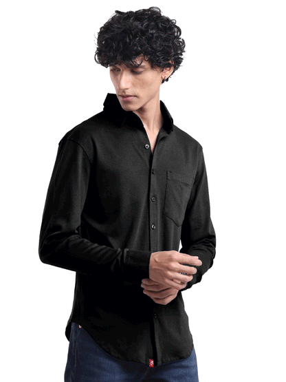 Side view of The Silo full sleeve knit shirt – breathable mercerised cotton for men,Tailored fit Silo Shirt – summer knitwear for Indian weather