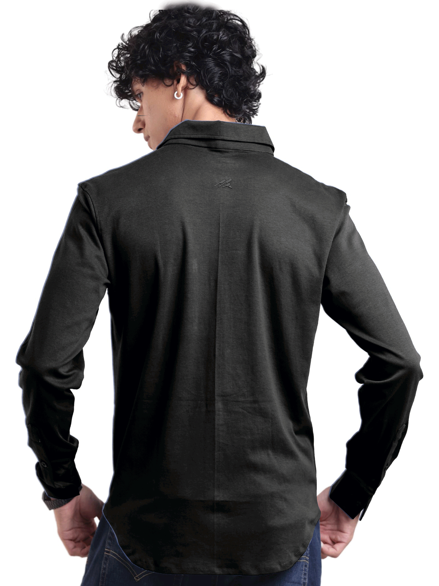 Back view of The Silo Knit Shirt – regular fit, mercerised finish
Rear profile of men’s full sleeve cotton knit shirt – made in India