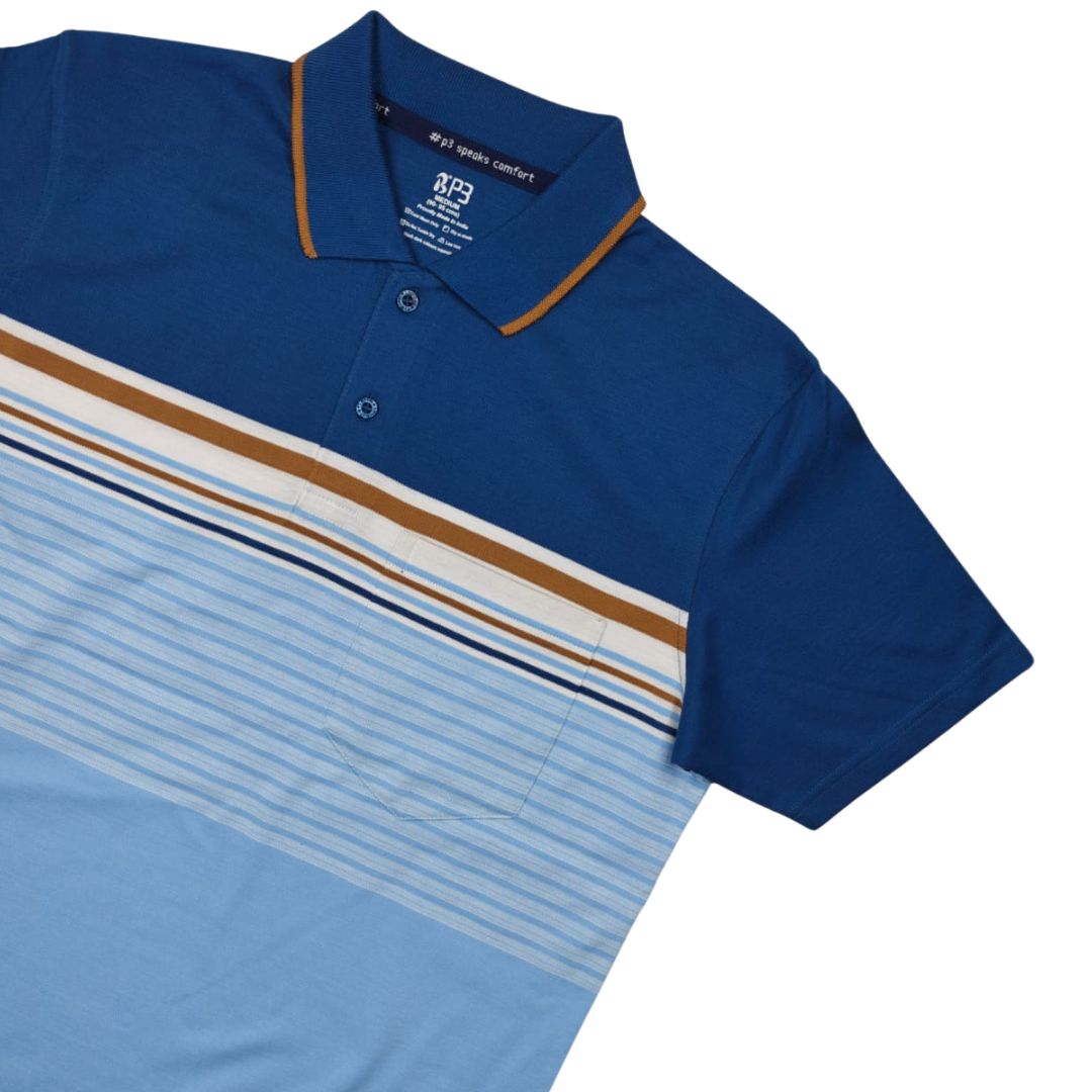 Blue Polo with a mustard collar tipping and multi colour lines across the body