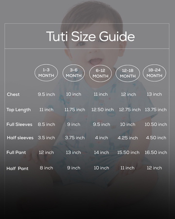 Tuti size guide with measurements for chest, top length, sleeves, and pants across different age groups.