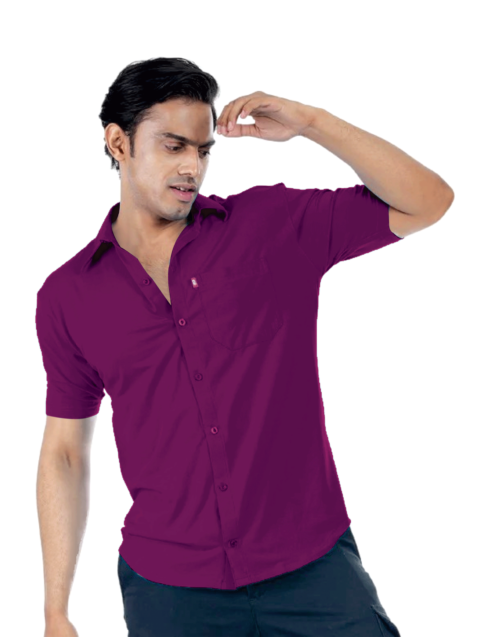Front view of The Cordoba Knit Shirt in Violet Maroon color – breathable cotton spandex,Cordoba smart fit shirt, short sleeves, summer-friendly design,of lightweight stretch knit shirt for men 