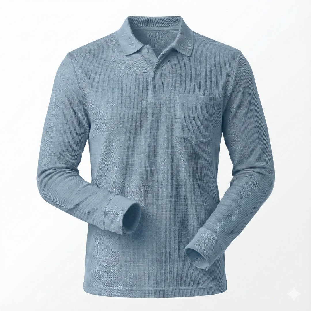 Blue long-sleeve polo shirt on a white background