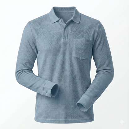 Blue long-sleeve polo shirt on a white background