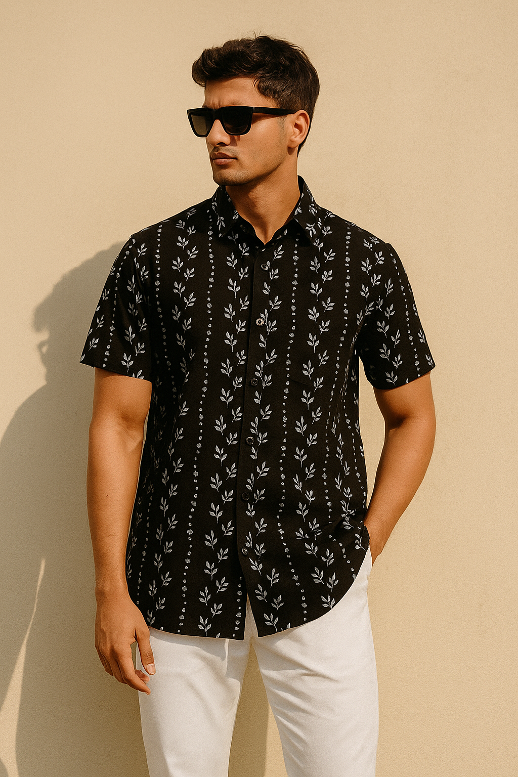 Man wearing a black patterned shirt and white pants against a beige background