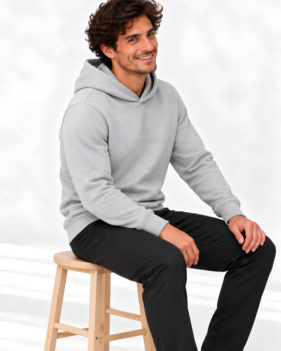 P3 100% cotton French terry hoodie in Heather Grey – seated view