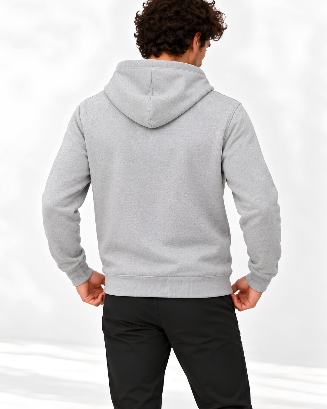 P3 100% cotton French terry hoodie in Heather Grey – back view