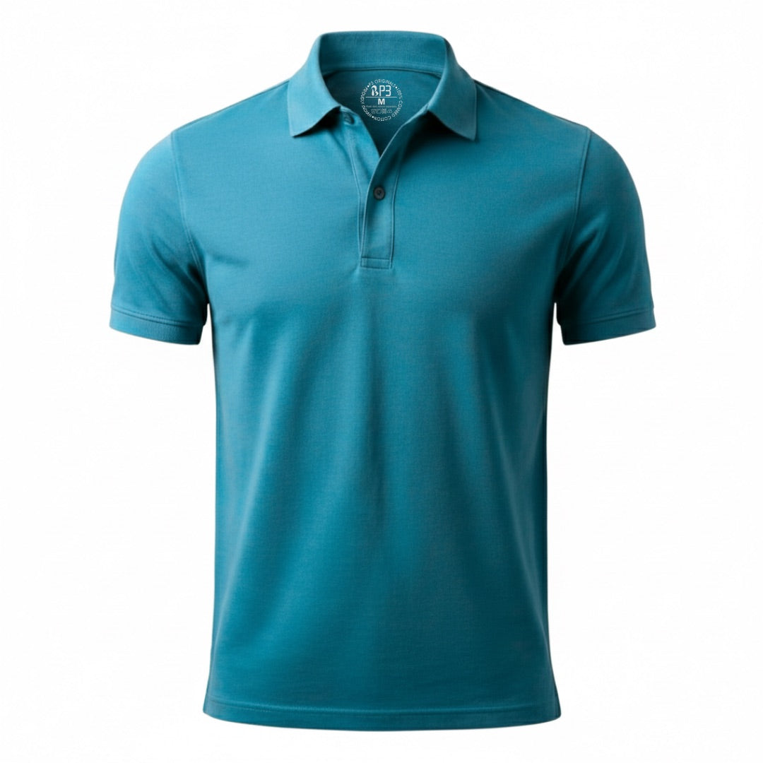 Teal polo shirt on a white background